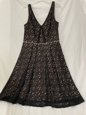 Lovely by Adrianna Papell Black Lace Fit and Flare Dress with Nude Underlay, 6